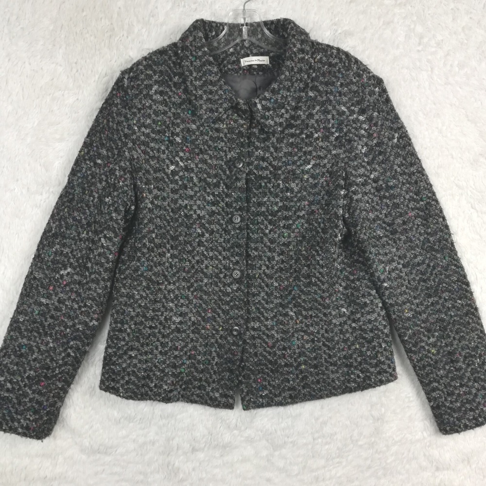 Yvonne Marie Womens Blazer Jacket Wool‎ Blend Black Speckled Button Front 14